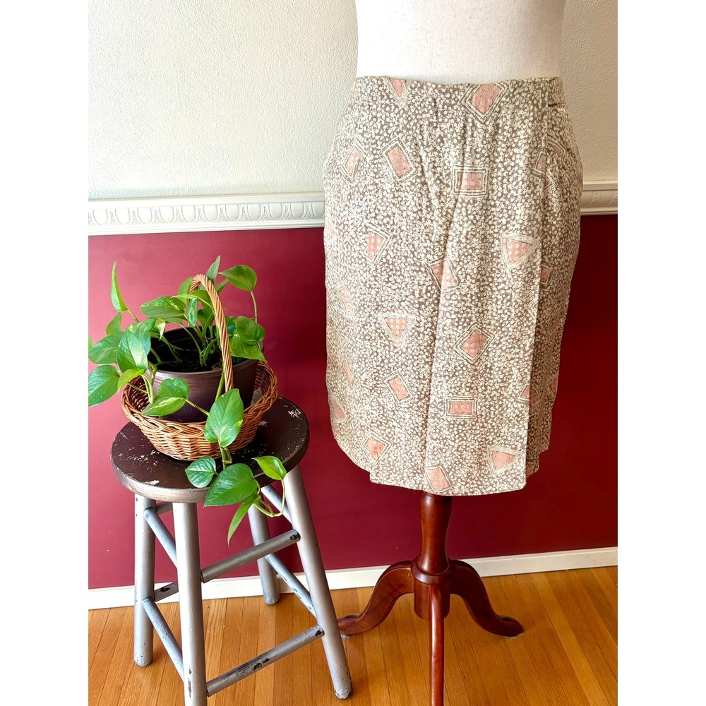 Vintage Anne Klein Petites 100% Silk Pencil Skirt 10 Taupe Pink Geo Floral Lined